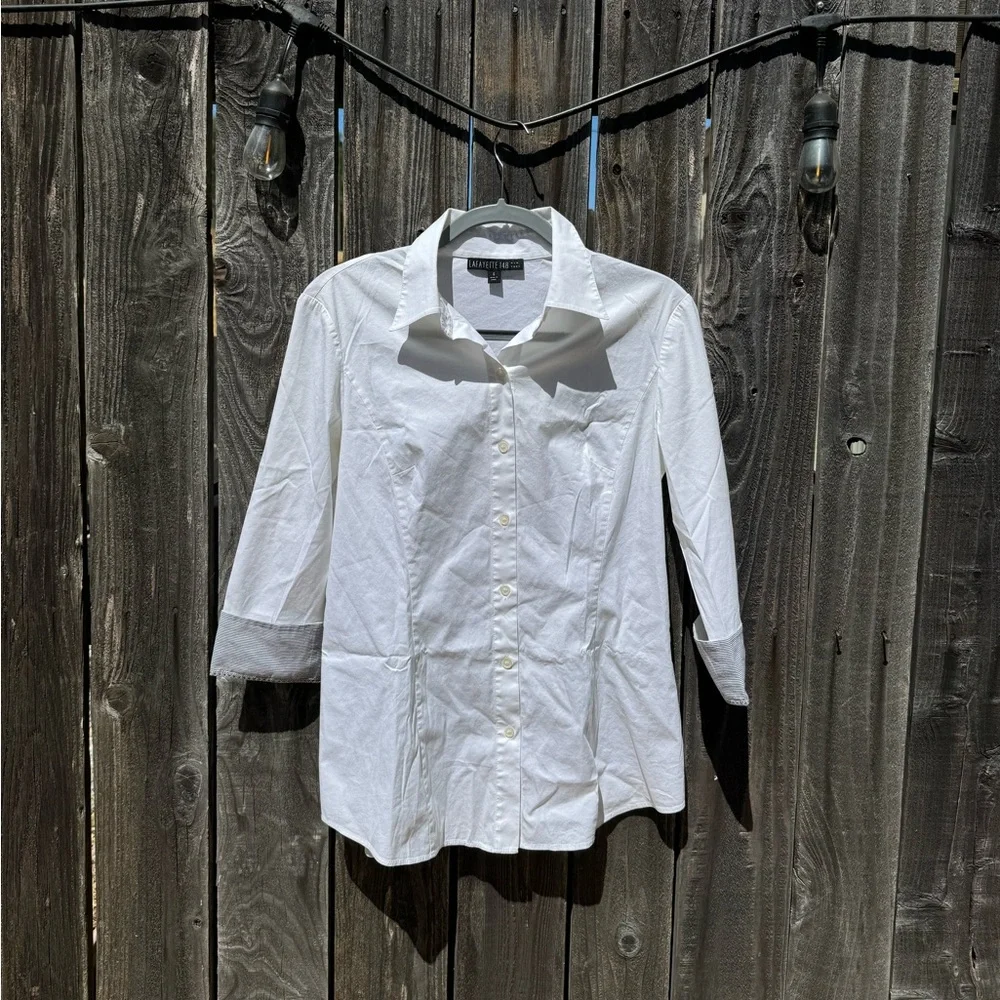 Lafayette 148 New York White Button Down Shirt sz 6 stripped accent sleeve cuffs - Picture 1 of 8